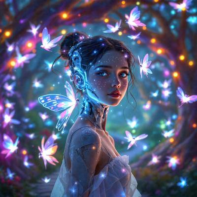The primary subject of the image is a woman with a butterfly-like appearance. She is wearing a dress and has a butterfly wing on her back. The setting is a forest with a tree in the background. The visual style is digital art, and the colors and mood are vibrant and lively.